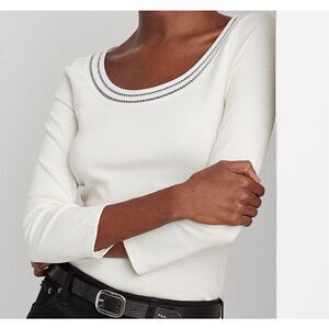 Lauren Ralph Lauren Cream Embellished Scoop Neck Top | 3/4 Sleeve | Size Medium